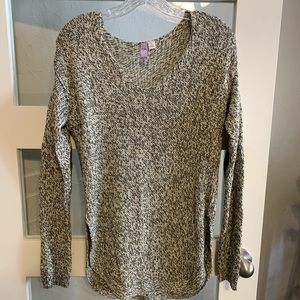 Gray heather knit sweater with elbow patches